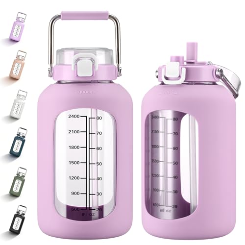 MUKOKO 100oz Glass Water Bottle with Time Marker and Silicone Sleeve 3L Large Water Jug with Stainless Steel Handle Gallon Drinking Bottle with 2-in-1 Lid Wide Mouth BPA Free, Purple - Image 1