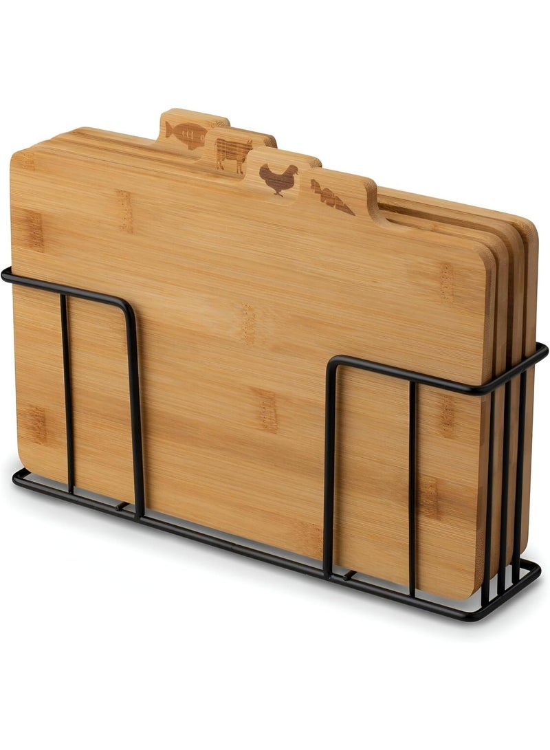 4-piece bamboo cutting board set with a black metal stand; durable and non-slip, ideal for daily meal preparation. - Image 3