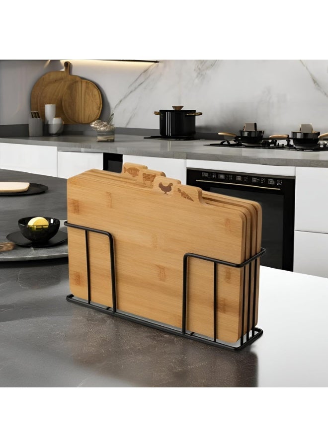4-piece bamboo cutting board set with a black metal stand; durable and non-slip, ideal for daily meal preparation. - Image 1