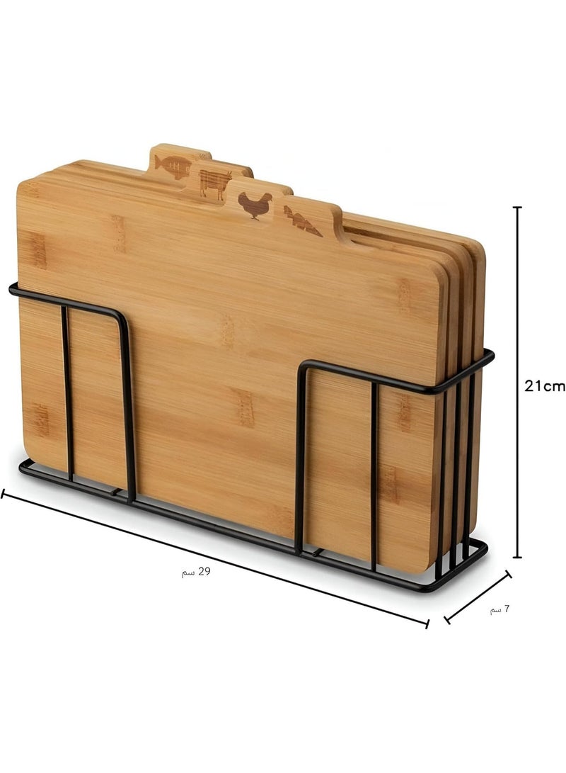 4-piece bamboo cutting board set with a black metal stand; durable and non-slip, ideal for daily meal preparation. - Image 2