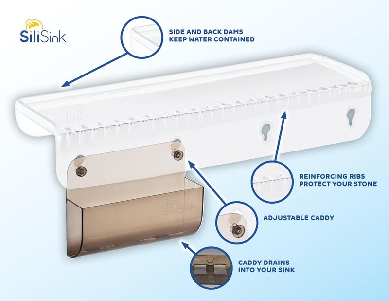 SiliProducts SiliSink Silicone Edge Guard for Kitchen Sink - Fits 3.75” - 4” Wide - The Original Silicone Sink Edge Protector with Sponge Caddy - Splash Guard, 14” Clear Diamond - Image 4