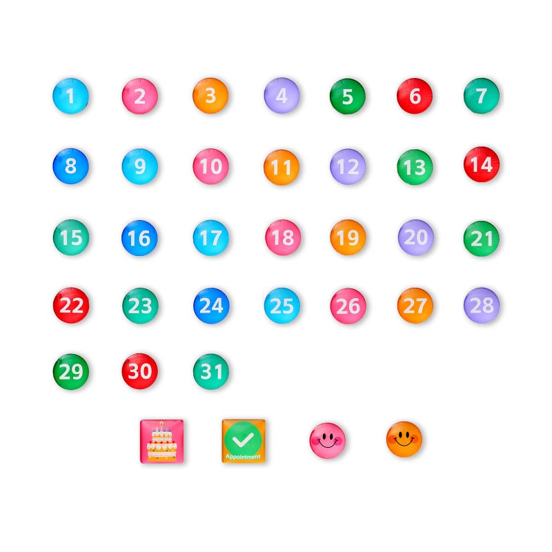 MANWU Colorful Glass cabochon Magnetic Numbers for Fridge whiteboard Calendar, Colored Dry Erase Board Number Magnets Dates for Home Organization Classroom Decor Daily use (Set of 35, 25mm) - Image 1