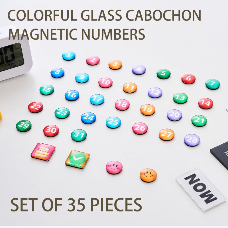 MANWU Colorful Glass cabochon Magnetic Numbers for Fridge whiteboard Calendar, Colored Dry Erase Board Number Magnets Dates for Home Organization Classroom Decor Daily use (Set of 35, 25mm) - Image 2