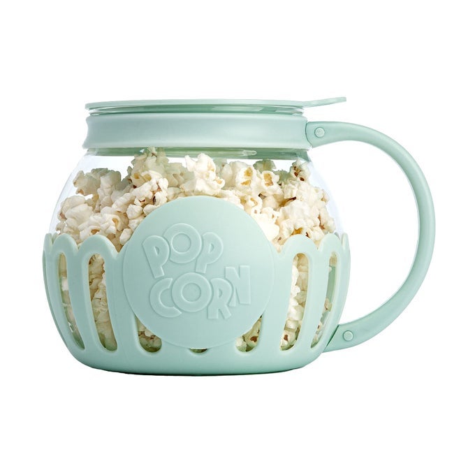 PATENTED MICROPOP MICROWAVE POPCORN POPPER WITH TEMPERATURE SAFE GLASS 3IN1 LID MEASURES KERNELS AND MELTS BUTTER MADE WITHOUT BPA DISHWASHER SAFE 15QUART AQUA