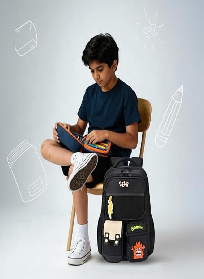 Gear Bravo 16"/25L Medium Water Resistant School Bag | Casual Backpack | Daypack | Travel Backpack | Kids Bag for Boys/Girls (Black - Cream) - Image 3