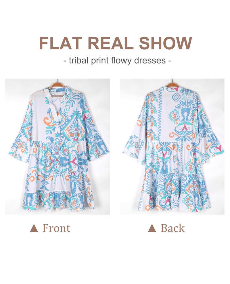 SELINK Womens Long Sleeve Dresses Casual V Neck Tribal Print Button Flowy Boho Mini Beach Dress Sky Blue-M - Image 3