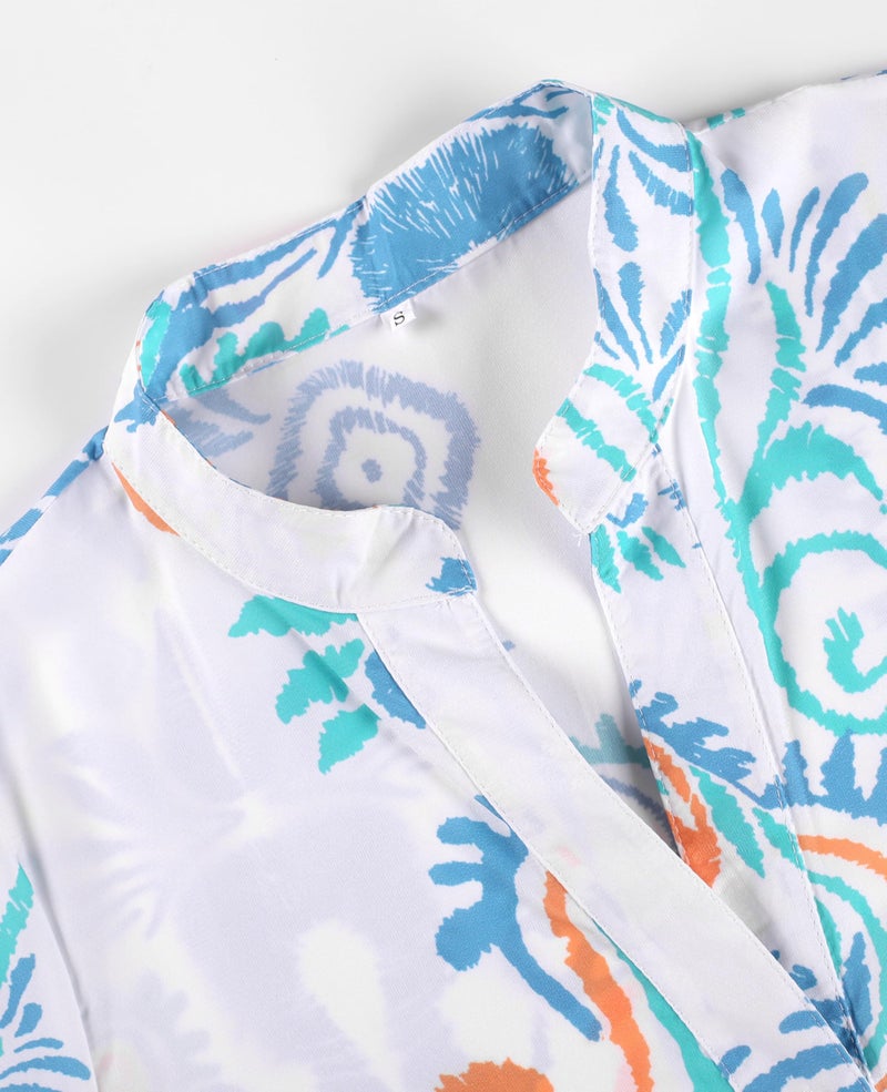 SELINK Womens Long Sleeve Dresses Casual V Neck Tribal Print Button Flowy Boho Mini Beach Dress Sky Blue-M - Image 4