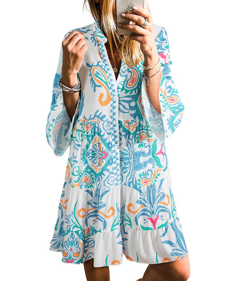 SELINK Womens Long Sleeve Dresses Casual V Neck Tribal Print Button Flowy Boho Mini Beach Dress Sky Blue-M - Image 1
