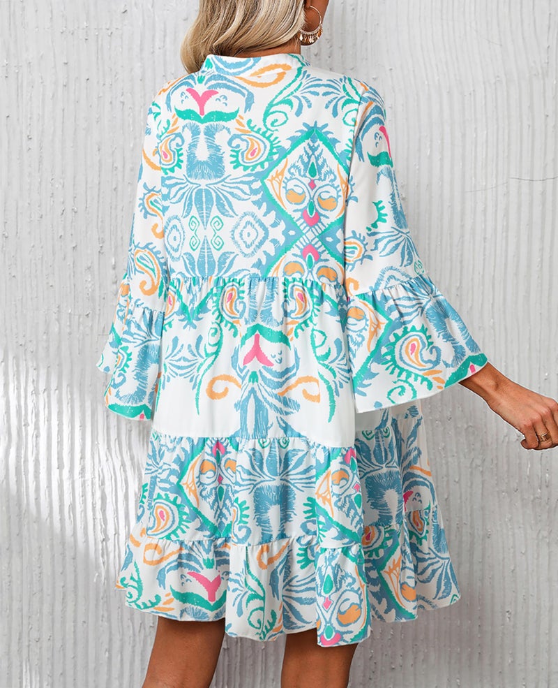 SELINK Womens Long Sleeve Dresses Casual V Neck Tribal Print Button Flowy Boho Mini Beach Dress Sky Blue-M - Image 2