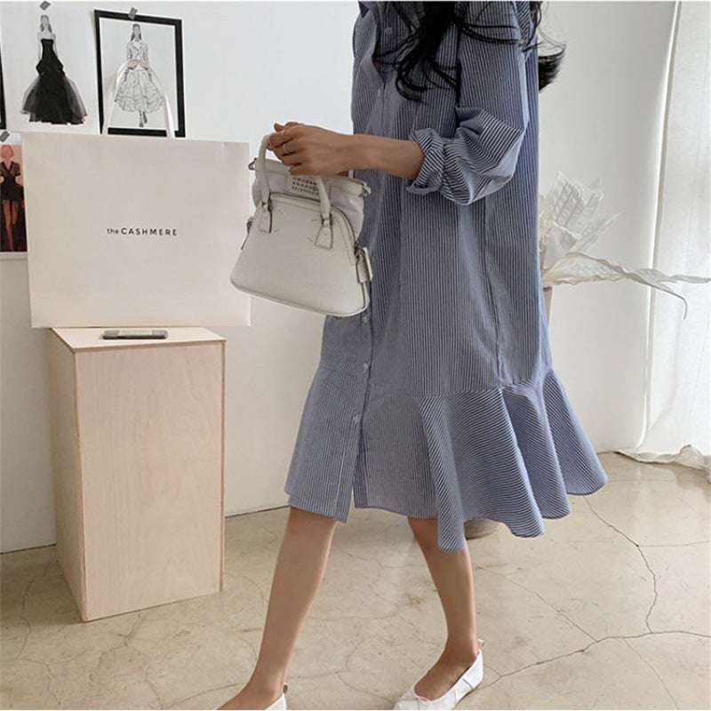 POL collar single-breasted ruffled nine-point sleeve straight skirt 2024 spring and summer loose pinstripe dress fishtail skirt Blue 