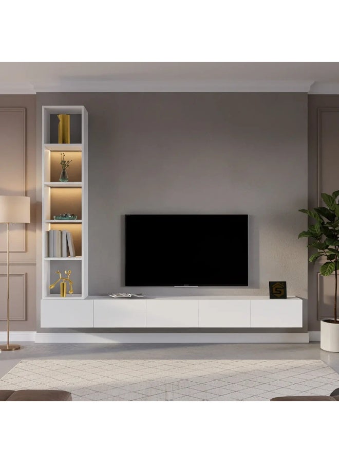 Stylish Home White wall-mounted TV stand with illuminated side shelves - TV81A - Image 1
