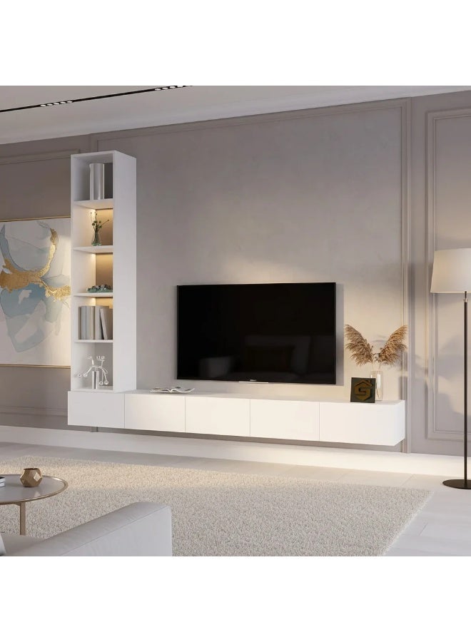 Stylish Home White wall-mounted TV stand with illuminated side shelves - TV81A - Image 2