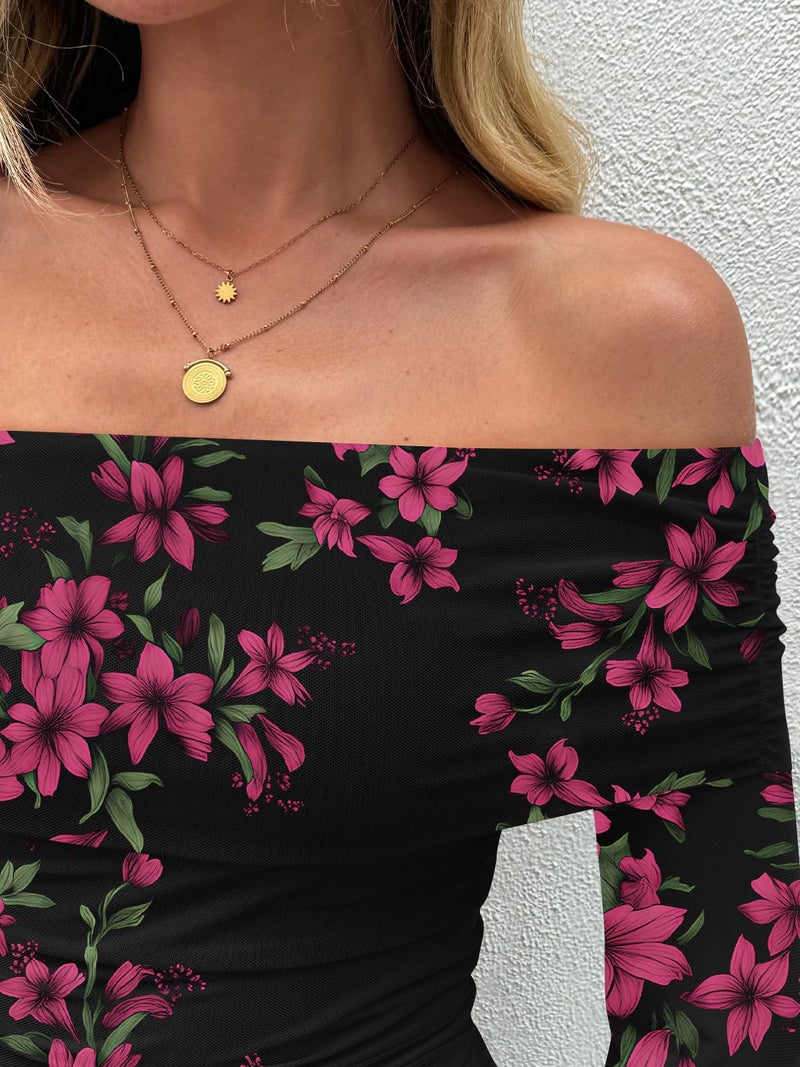 LILLUSORY Wedding Guest Off The Shoulder Holiday Dresses for Women 2026 Spring Fall Winter Bodycon Floral Long Sleeve Maxi Cocktail Going Out Party Formal Dresses Black XL - Image 5