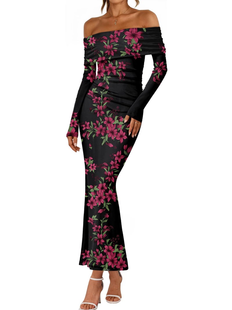 LILLUSORY Wedding Guest Off The Shoulder Holiday Dresses for Women 2026 Spring Fall Winter Bodycon Floral Long Sleeve Maxi Cocktail Going Out Party Formal Dresses Black XL - Image 1