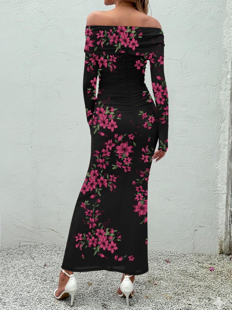 LILLUSORY Wedding Guest Off The Shoulder Holiday Dresses for Women 2026 Spring Fall Winter Bodycon Floral Long Sleeve Maxi Cocktail Going Out Party Formal Dresses Black XL - Image 4