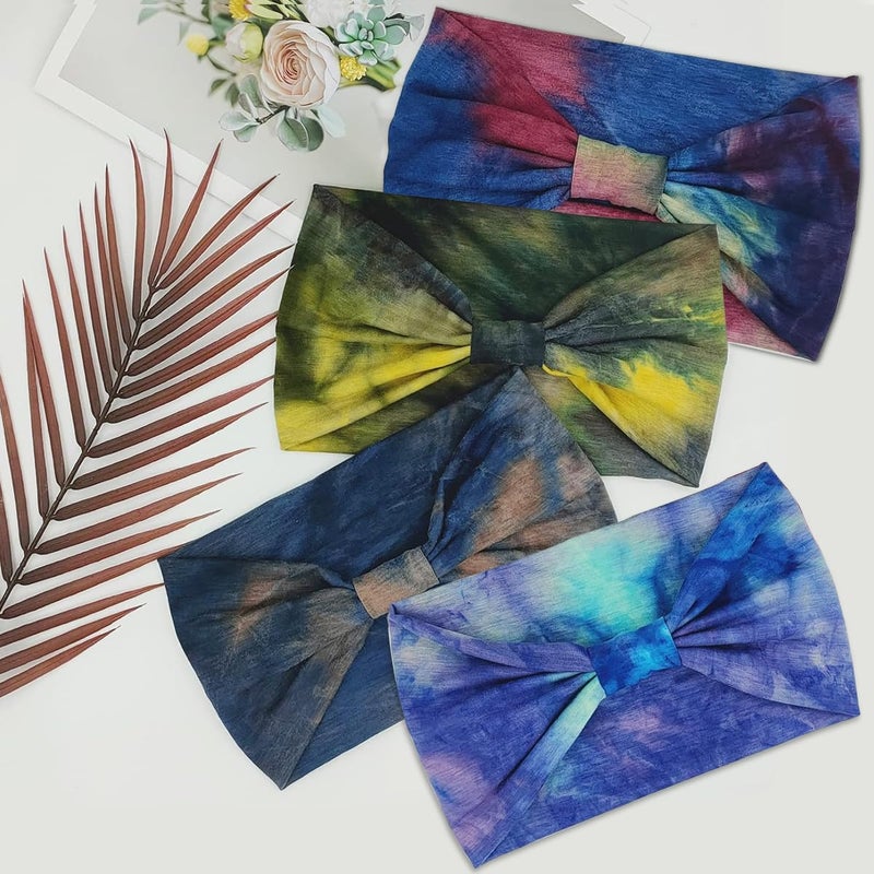 M'AYCREATE MAYCREATE® 4 Pack Wide Headband for Women, Stretchy Knotted Head Bands for Women, Polyester Tie-dye Print Hairband for Women Ladies, Stylish Hair Bands Yoga Sweatband Sports Head Wraps - Image 4
