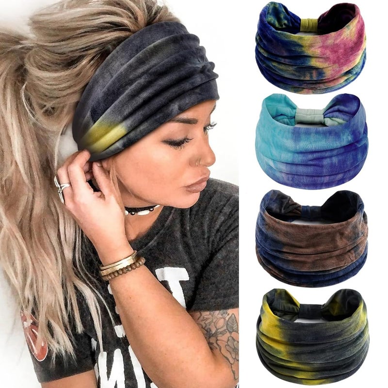 M'AYCREATE MAYCREATE® 4 Pack Wide Headband for Women, Stretchy Knotted Head Bands for Women, Polyester Tie-dye Print Hairband for Women Ladies, Stylish Hair Bands Yoga Sweatband Sports Head Wraps - Image 1