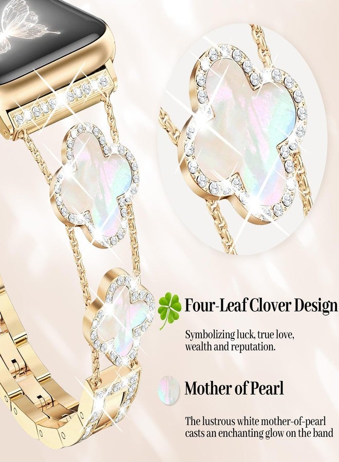 MOINSPIRE Bling Diamond Clover Bracelet Women Compatible with Apple Watch 40mm 44mm 38mm 45mm 41mm 42mm 49mm Sparkle Cute Dressy Designer Band for iWatch Series Ultra/SE/9/8/7/6/5/4/3/2/1, Gold/White - Image 2