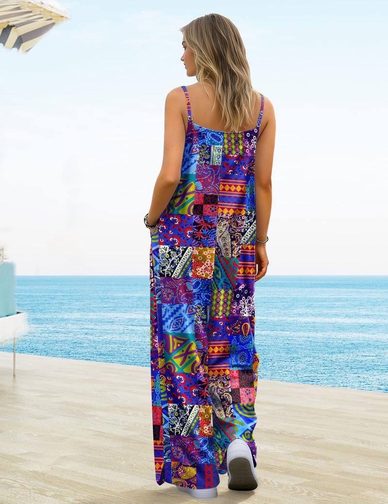 YESNO Women's Summer Boho Cotton Casual Jumpsuits Wide Leg Overalls Floral Print Baggy Rompers with Pockets M PZZCR P002B - Image 3