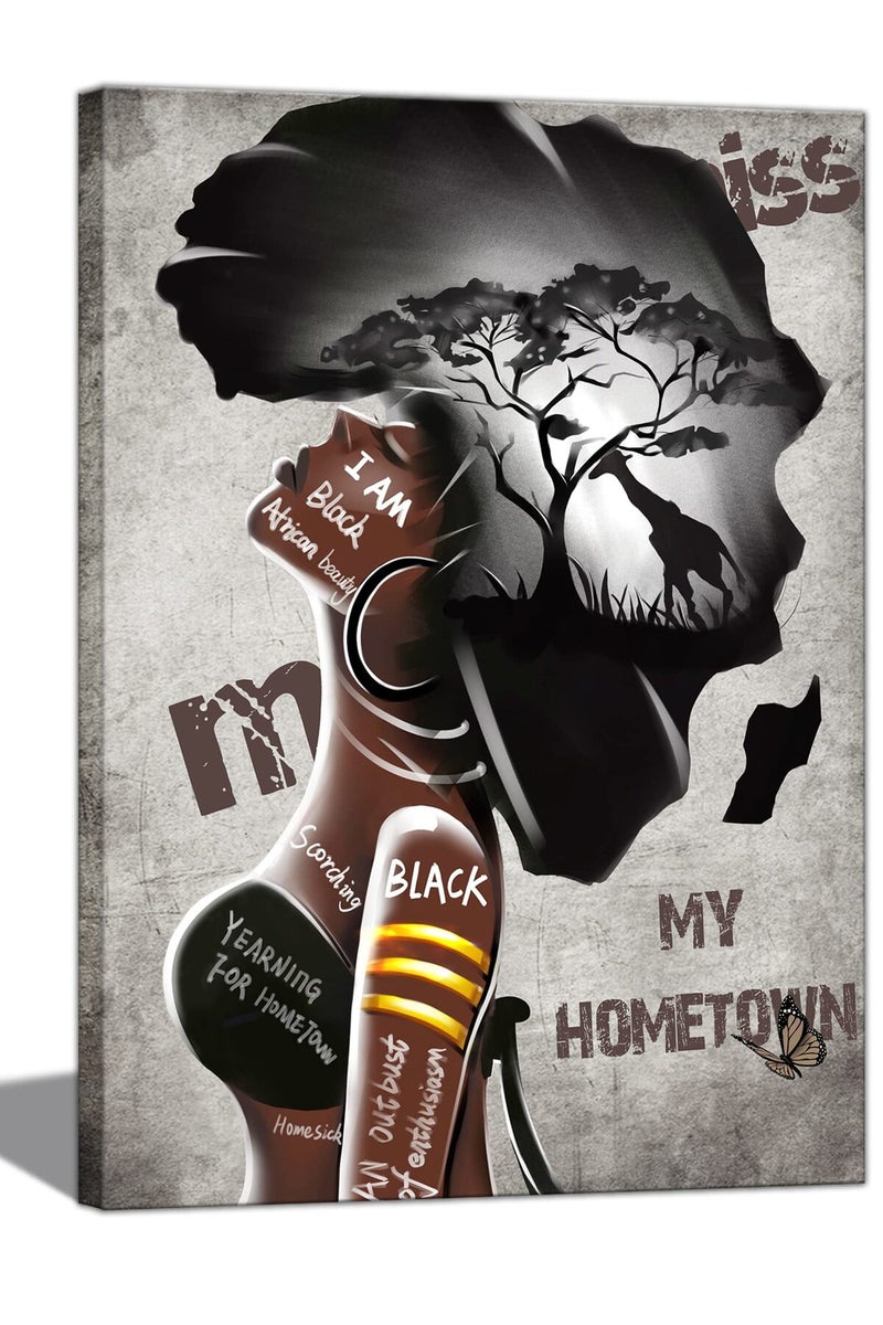 AKOTAC African American Wall Art Black Women Girls Canvas Prints Poster Painting Decor Africa Map Black Art Picture for Wall Framed African Women Wall Art Decorate for Living Room Bedroom Decor Ready to hang - Image 1