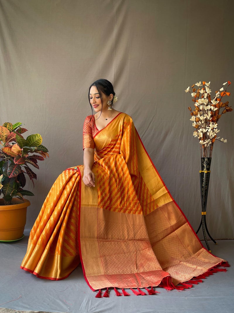 SGF11 Women's Leriya patola Soft Lichi Silk Banarasi Sarees With Blouse Piece (Orange) - Image 4