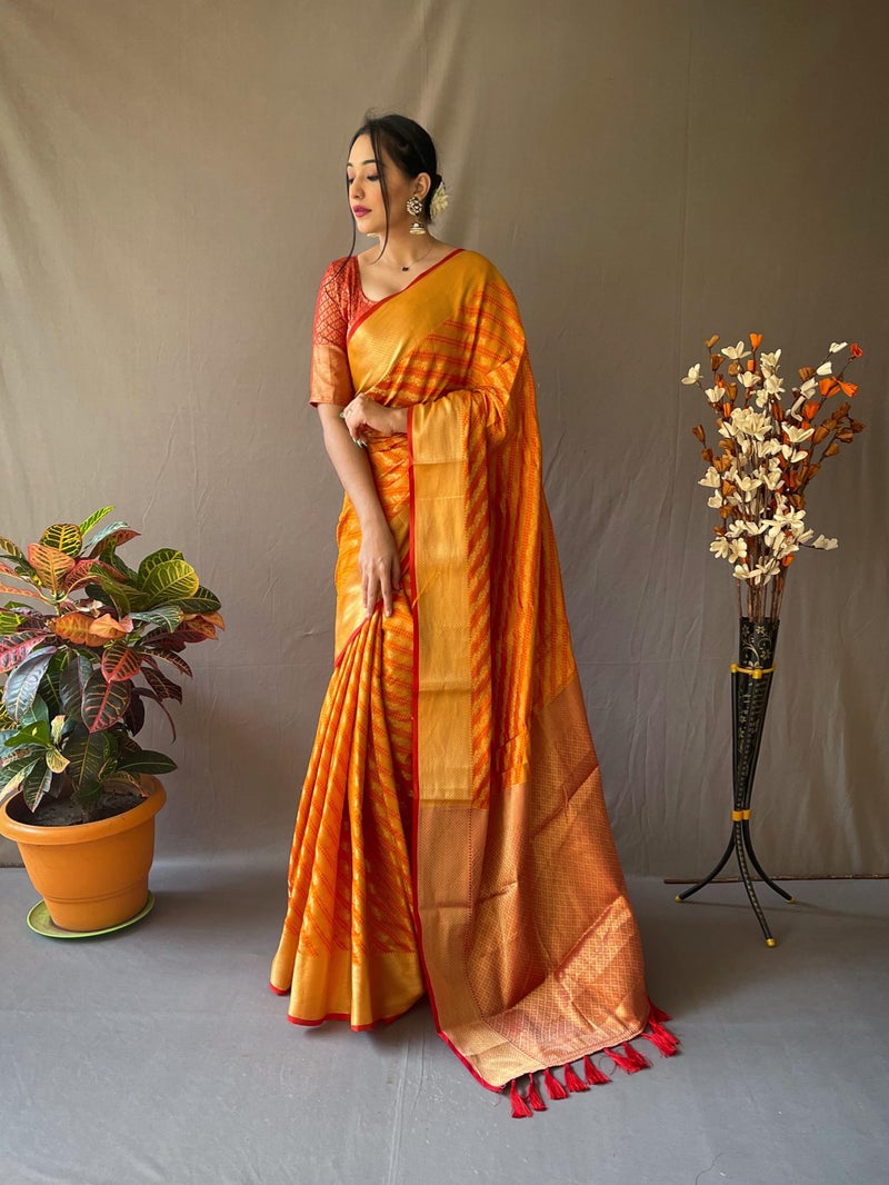SGF11 Women's Leriya patola Soft Lichi Silk Banarasi Sarees With Blouse Piece (Orange) - Image 2