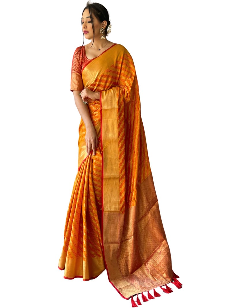SGF11 Women's Leriya patola Soft Lichi Silk Banarasi Sarees With Blouse Piece (Orange) - Image 5