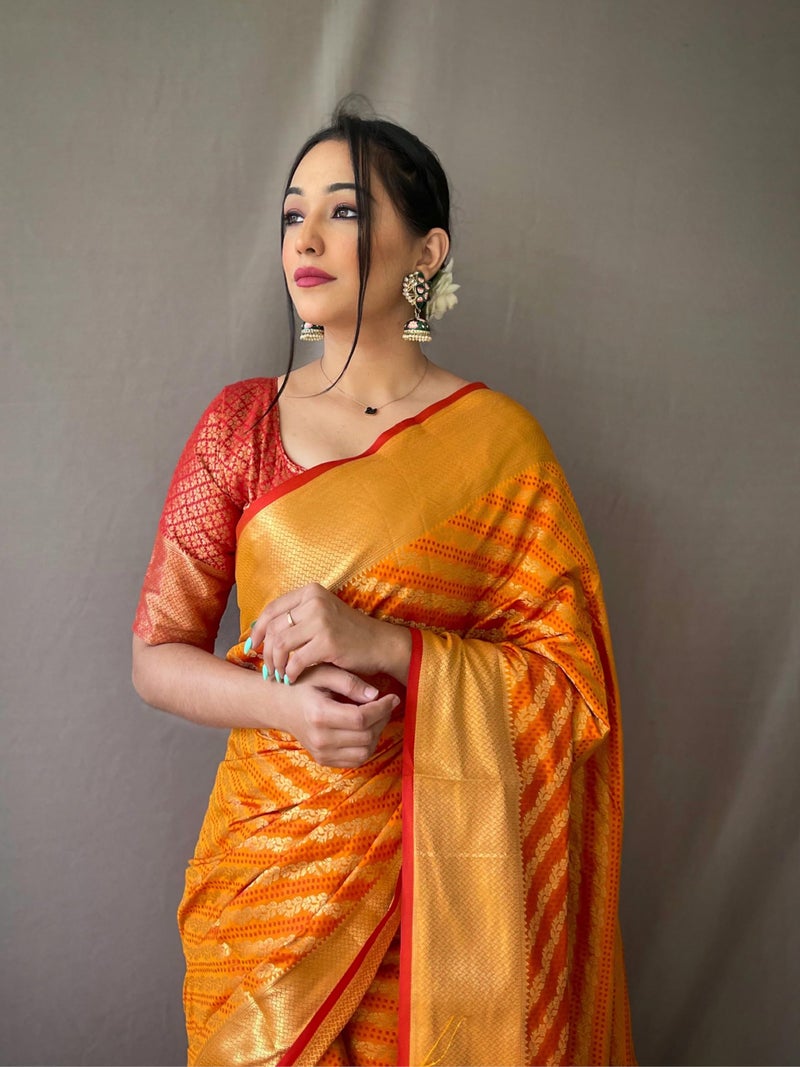 SGF11 Women's Leriya patola Soft Lichi Silk Banarasi Sarees With Blouse Piece (Orange) - Image 3