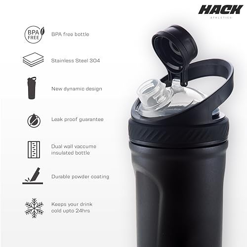 Hack Athletics Premium Stainless Steel Insulated Shaker Bottles for Gym, Protein Shaker, Pre Workout Bottle, Water Bottle for Men and Women, BPA Free Material 100% Leakproof | 709ML (Black) - Image 2