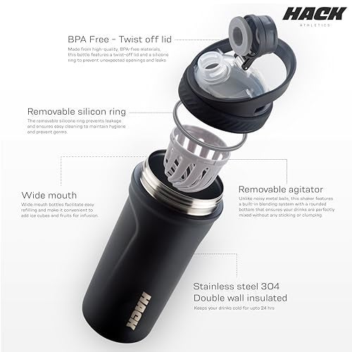 Hack Athletics Premium Stainless Steel Insulated Shaker Bottles for Gym, Protein Shaker, Pre Workout Bottle, Water Bottle for Men and Women, BPA Free Material 100% Leakproof | 709ML (Black) - Image 3