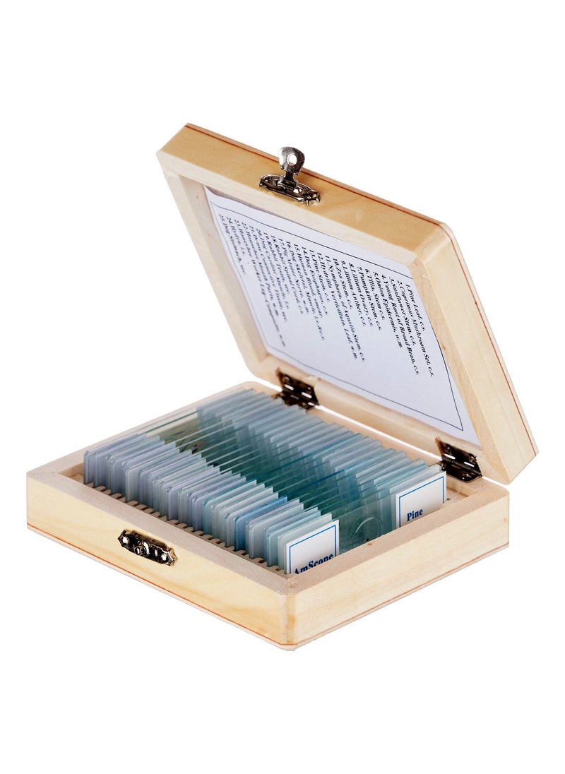 AmScope AmScope PS25 Prepared Microscope Slide Set for Basic Biological Science Education 25 Slides Includes Fitted Wooden Case Brown  - Image 1