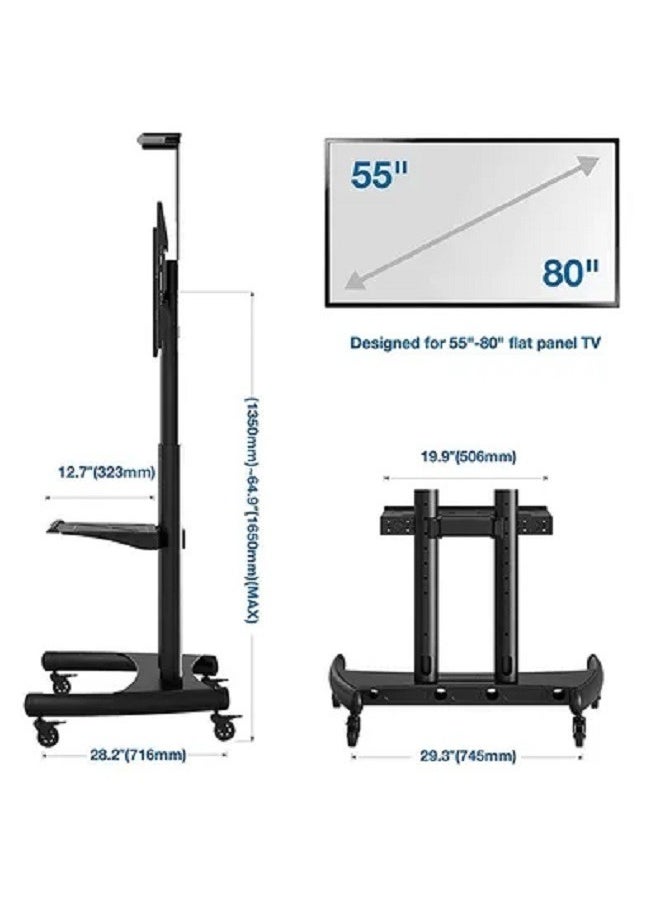 TV Cart Rolling TV Stand with Lockable Wheels for 55 to 80 Inch Plasma LCD LED Flat or Curved Screen TVs up to 100lbs - Height Adjustable (55-80 inch) Black