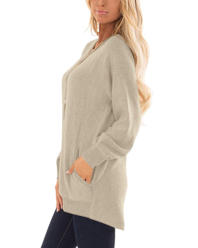 KUOTAI Tunic Tops for Women Long Sleeve Blouses Casual Crew Neck T-Shirts with Pocket(Beige, X-Large) - Image 2