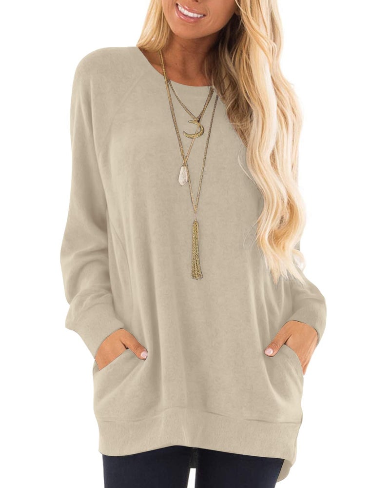 KUOTAI Tunic Tops for Women Long Sleeve Blouses Casual Crew Neck T-Shirts with Pocket(Beige, X-Large) - Image 1