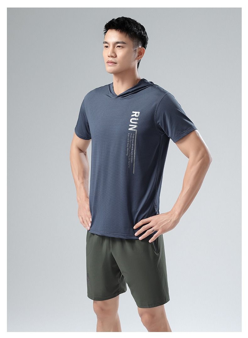 UTDOORWEAR تي شيرت رجالي صيفي رياضي سريع الجفاف بغطاء رأس وأكمام قصيرة - Image 2