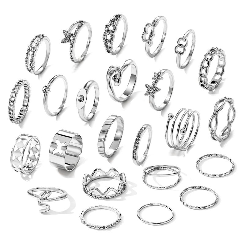 17IF 24P Gold Vintage Knuckle Ring Set for Women, Boho Crystal Finger Aesthetic Pearl Sparkle Butterfly Chunky Stackable Midi Ring Pack (SilverHug) - Image 1