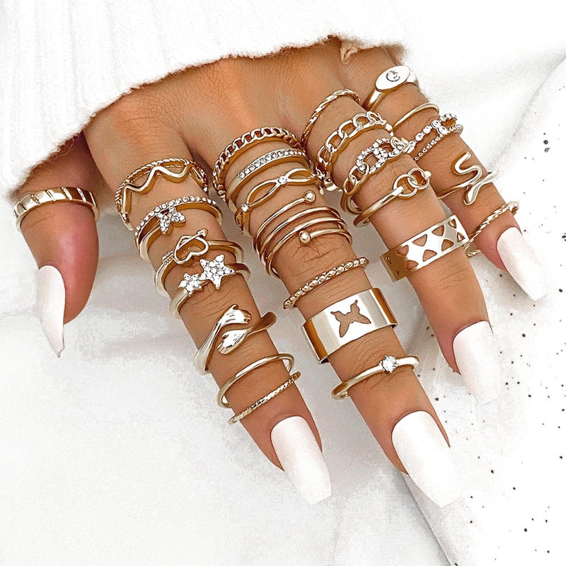 17IF 24P Gold Vintage Knuckle Ring Set for Women, Boho Crystal Finger Aesthetic Pearl Sparkle Butterfly Chunky Stackable Midi Ring Pack (SilverHug) - Image 2