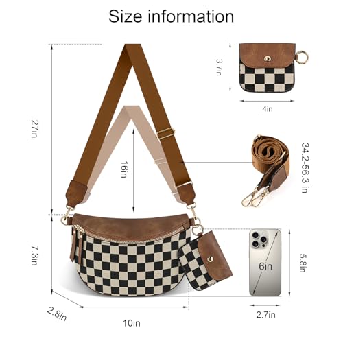 NEWROGENG Checkered Crossbody Bag Bum Bags for Women Crossbody PU Leather Checkered Wallet Belt Bag Crossbody Handbags, Brown Checkered - Image 4