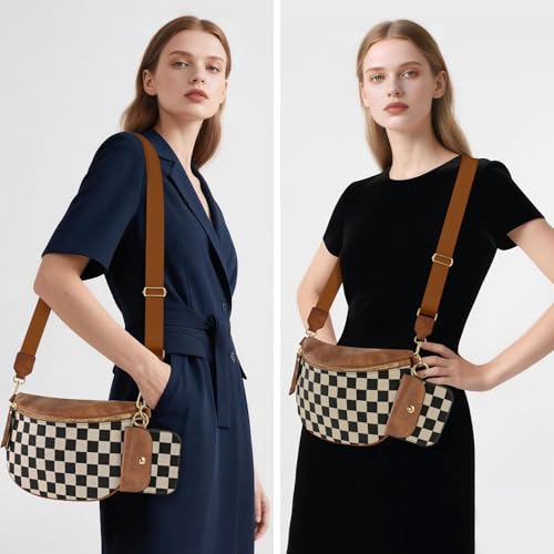 NEWROGENG Checkered Crossbody Bag Bum Bags for Women Crossbody PU Leather Checkered Wallet Belt Bag Crossbody Handbags, Brown Checkered - Image 3