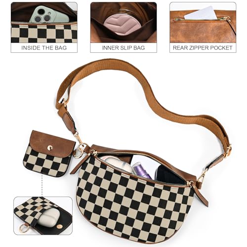NEWROGENG Checkered Crossbody Bag Bum Bags for Women Crossbody PU Leather Checkered Wallet Belt Bag Crossbody Handbags, Brown Checkered - Image 5