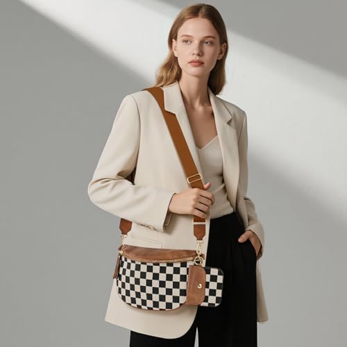NEWROGENG Checkered Crossbody Bag Bum Bags for Women Crossbody PU Leather Checkered Wallet Belt Bag Crossbody Handbags, Brown Checkered - Image 2