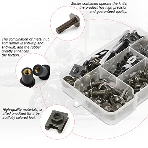 BELOMI Motorcycle Fairing Bolt Kit, 177pcs M5 M6 Motorcycle Windscreen Screws, Aluminum Fasteners Fairing Bolts Nut Clips Kit, Mounting Kits Washers Nuts Screws Assortment for Sport Bikes (Silver/Black) - Image 3