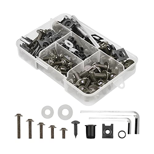 BELOMI Motorcycle Fairing Bolt Kit, 177pcs M5 M6 Motorcycle Windscreen Screws, Aluminum Fasteners Fairing Bolts Nut Clips Kit, Mounting Kits Washers Nuts Screws Assortment for Sport Bikes (Silver/Black) - Image 1