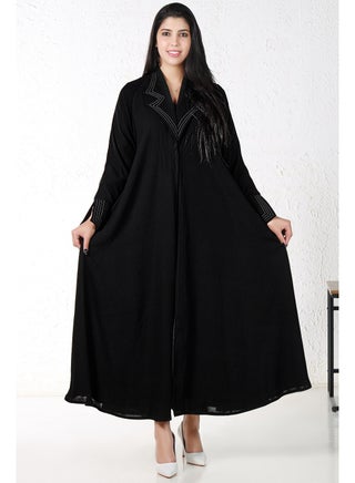 Black abaya with a turn-down collar and white threads