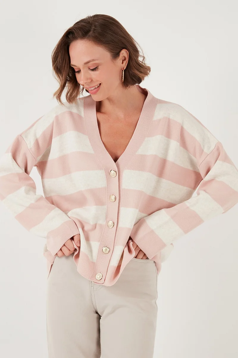 Lela Regular Fit Striped V Neck Buttoned Soft Acrylic Women's Cardigan 4615188