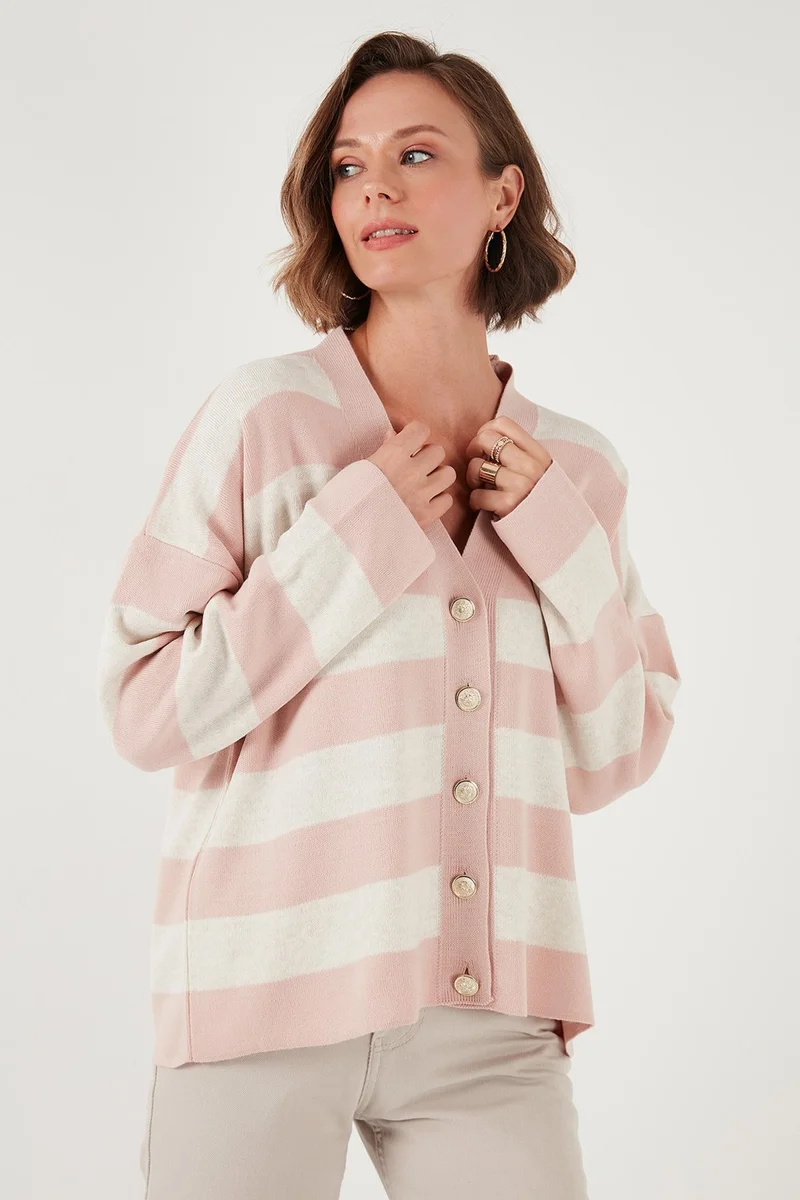 Lela Regular Fit Striped V Neck Buttoned Soft Acrylic Women's Cardigan 4615188