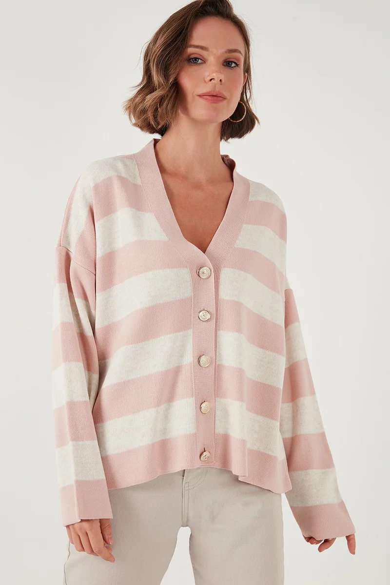 Lela Regular Fit Striped V Neck Buttoned Soft Acrylic Women's Cardigan 4615188