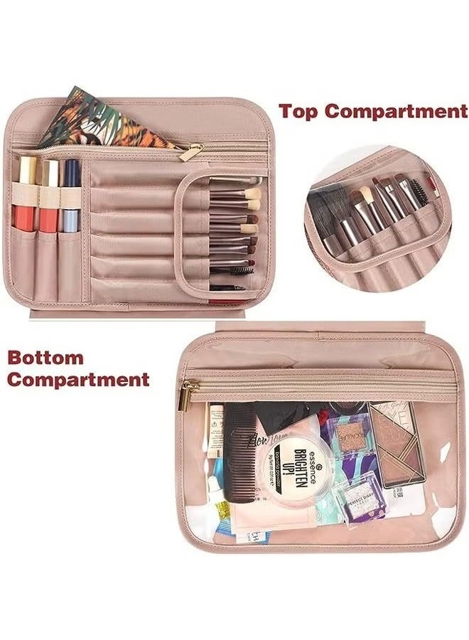 Beauenty Hanging Travel Makeup Bag for Women, Large Waterproof Cosmetic Bags Travel Organizer Full Sized Container with Elastic Band Holders for Toiletries, Cosmetics, Brushes, Bottle, Pink  - Image 3