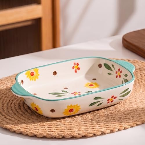 OLWICK Rectangular 1Pcs Ceramic Serving Bowl/Dish, 600ml Baking Dish, Microwave Safe Casserole Dishes for Oven, Lasagna Pans Deep with Handles for Kitchen (Light Green) - Image 1
