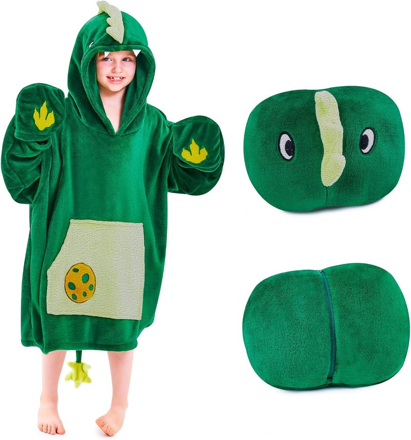 IFNOW Wearable Blanket Hoodie for Kids, Oversized Warm Cozy Teen Sweatshirt with Portable Foldable Blanket Pillow for Boys Girls, Cuffs with Animal Embroidery, (5-15 Years) Dino - Image 1
